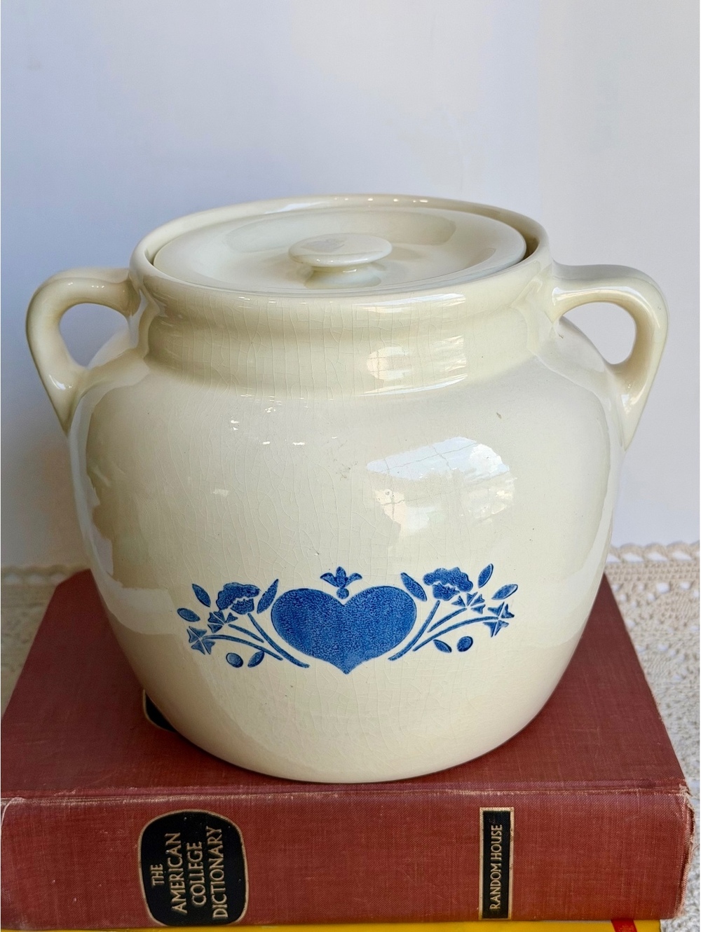 Vintage Blue Heart Folk Art Ceramic Crock With Lid Double Handles Country Decor